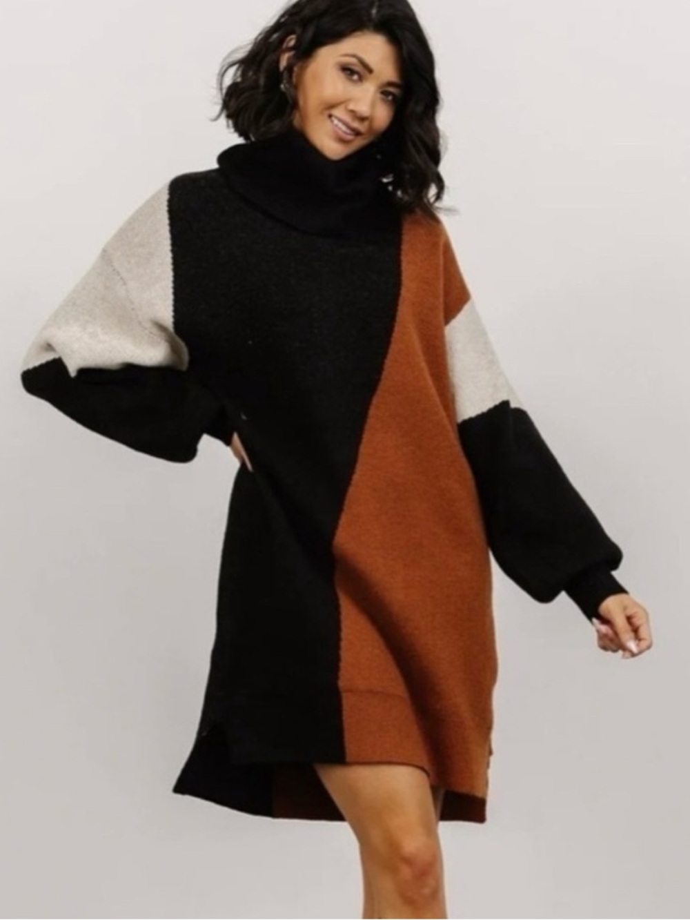 Baltic Born Black and Tan Color Block Turtleneck Sweater Dress
